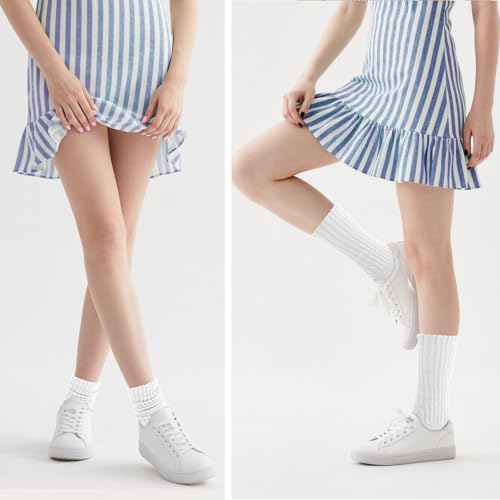 Slouchy Socks for Women, Lightweight White Scrunch Socks, Soft Mid Calf Rib Scrunch Crew Tube Sock, Size 9-11, Retro Style3