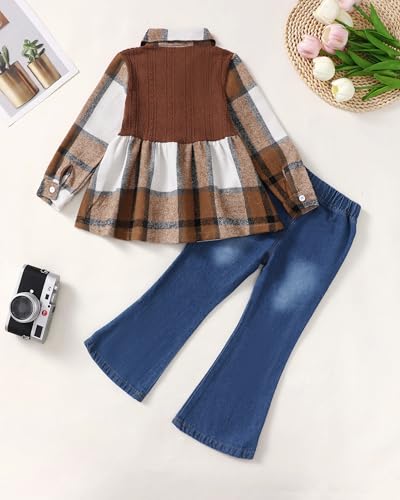 Image of SODLON Kids Toddler Girl Clothes Winter Outfits Shirt Top Bell Bottom Jeans Denim Pants Set Little Girl Fall Spring Clothing
