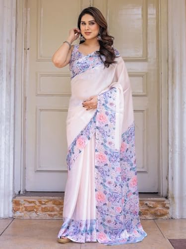 Image of ALMAARI FASHION Women's Floral Printed Georgette Satin Saree with Unstitched Blouse Piece | Traditional Ethnic Wear Sarees | Soft Lightweight Ethnic Office Wear Daily Wear Indian Sari (SG 181-190 F)