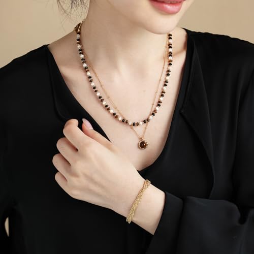 Tigers Eye Necklace Brown Pendant Gold Necklaces for Women Jewelry Collection Mother of Pearl Dainty Coins Evil’s Eye Mountains Pendants 18K Gold Plated Gift for Friends3