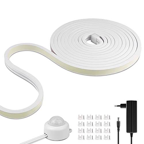 24V 4M PIR Bewegungssensor COB Neon Streifen,IP65 wasserdicht White Neon LED Streifen, Mit Infrarot Menschlicher Körper Detektor Kontrolle ON/Off Schlafzimmer Küche Schrank Deko Beleuchtung (4M, Weiß) Cover