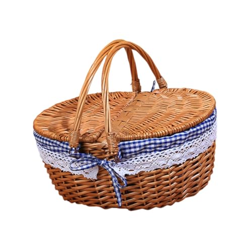 Colcolo Cesta de Picnic Cesta de Mimbre Tejida con Tapa y asa Cesta de Almacenamiento de Mimbre para Exteriores, Cuadros Azules