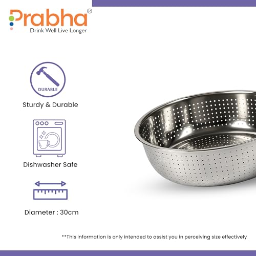 Image of Prabha Colander Stainless Steel Strainer Sieves 30cm | Kitchen Strainer with Handle-Essential Kitchen | Colanders Bowl, Basket | Colander for Rice Straining Washing Fruits, Vegetables, Silver