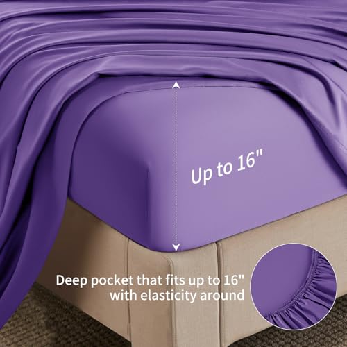 Image of Shilucheng 6 Piece King Sheet Sets, Cooling Sheets, Blend Rayon Derived from Bamboo, Deep Pocket Up to 16 inch, Breathable & Soft Bed Sheets, Hotel Silky Bedding Set, Purple