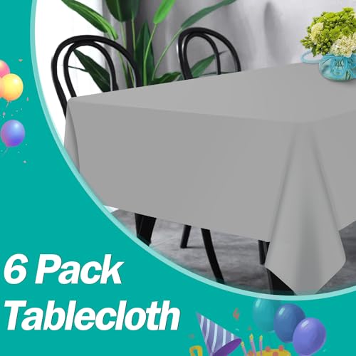 Image of tujol Silver 6 Pack Plastic Table Cloth 54 inch x 108 inch, Disposable Tablecloths Rectangle Table Cover, Plastic Tablecloths for Parties