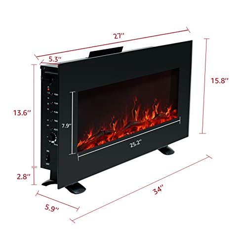 FLAME&SHADE 34 Inch Wide Electric Fireplace, Wall Mounted or Freestanding Portable Room Heater with Infrared Remote, 1500/750w