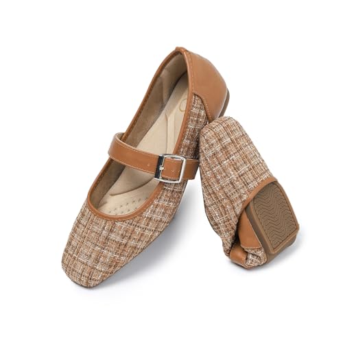 Bebxufa Ballet Flats for Women - Mary Jane Shoes with Adjustable Ankle Strap, Square Toe, Soft Leather Slip On Comfortable Work Flats, Chic & Versatile Brown,8