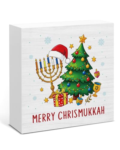 Image of Hanukkah Decor, Merry Chrismukkah Wood Box Sign, Jewish Gifts for Women, Rustic Hanukkah Decorations for Home Office Shelf 5 x 5 Inch
