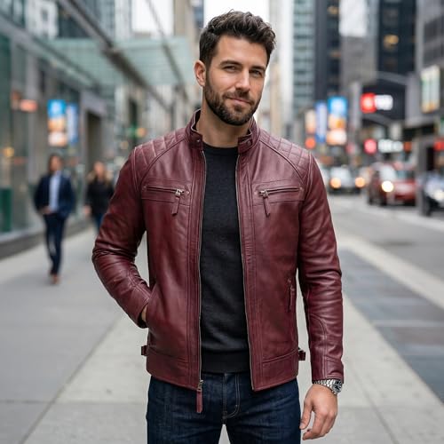Image of Leather Jacket Men - Real Lambskin Motorcycle Jacket with Snap Tab Collar, Adjustable Waist & Zippered Pockets