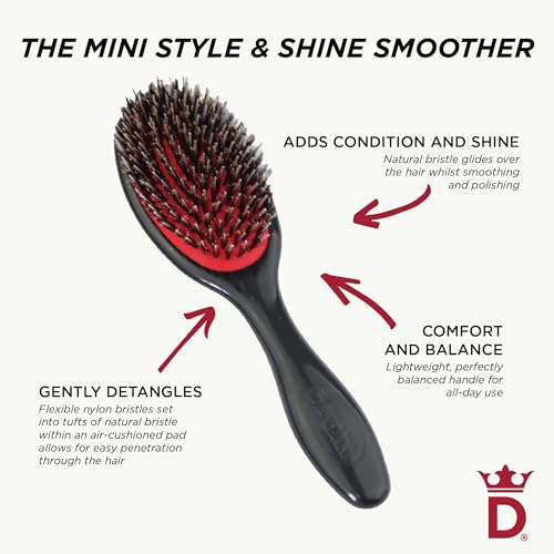 Denman Cushion Hair Brush (Small) with Soft Nylon Quill Boar Bristles - Porcupine Style for Grooming, Detangling, Straightening, Blowdrying and Refreshing Hair – Black, P081S
