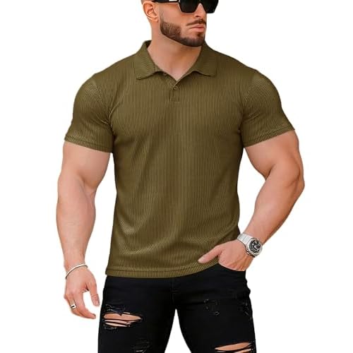 Muscle Cmdr Men's Slim Fit Muscle Polo Shirts Long&Short Sleeve Stretch Quick Dry Tee Casual Golf Athletic T-Shirts X-Small A/Brown-short
