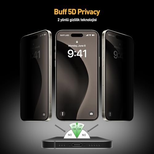 BUFF LABS iPhone 16 Serisi ile Uyumlu 5D Privacy EasyFit 2 Adet Kolay Uygulama Aparatlı Ekran Koruyucu Temperli Cam Hayalet Ekran (iPhone 16 Pro Max) - Görsel 2