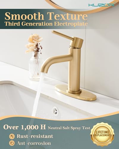Solid Brass 5-Minute Single Hole Bathroom Faucet, Brushed Gold - Modern Bath/Vanity/RV