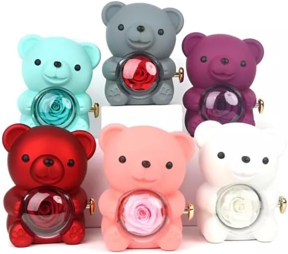 Titanica Shop Cute Teddy Bear with Preserved Rose,Eternal Flowers Rotating Rose Box with Necklace Romantic Gift for Her in Valentine's Day, Mother's Day,Weddings,Anniversaries,and Bridal Showers
