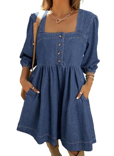 Sidefeel Women's Spring Outfit Denim Dress 3/4 Sleeve Loose Fit Square Neck Summer Jean Dresses with Pockets
