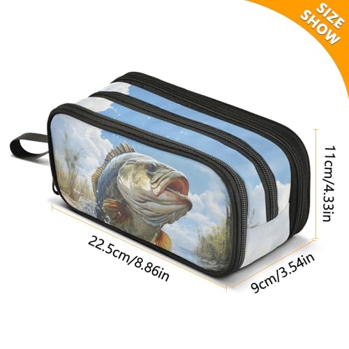 Image of Bass Fish Large Capacity Pencil Case Pencil Pouch Pen Box | 3 Compartment Large Storage Pencil Bag for Adults School Office Teen Girl Boy Men Women