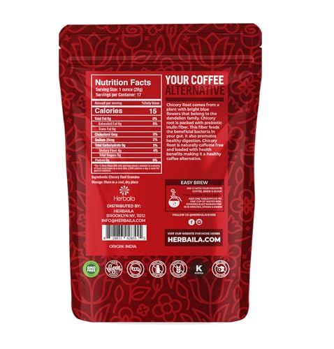 Herbaila Chicory Root Roasted Granules, 1 Pound, Chicory Coffee (Inulin, Prebiotic Dietary Fiber) Rich Flavor, Caffeine Free, Natural Tea and Coffee Substitute, Keto, Kosher