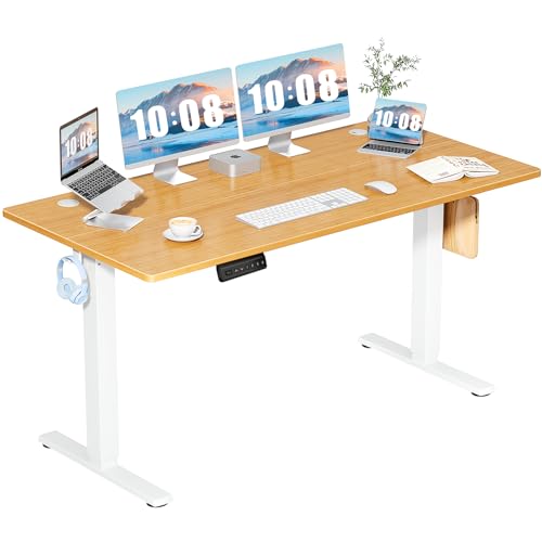 DUMOS 63 Inch Electric Standing Desk Height Adjustable, Sit to Stand Computer Workstations Large Work PC Table Home Office Writing Gaming Desks with Memory Presets for Walking Pad, Bedroom, Oak