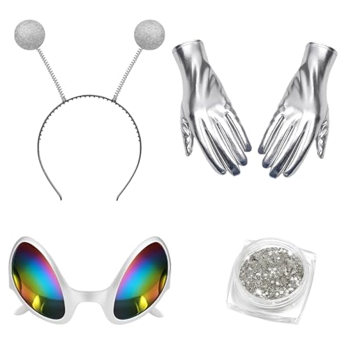 JcvPot 4 Stück Alien Kostüm Zubehör, Alien Accessoires Für Damen Mit Haarreif Und Brille, Handschuhe Und Holographische Glitter Für Halloween, Karneval Und Cosplay