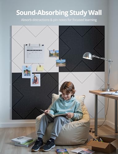 Image of Kuchoow Sound proof Acoustic Wall Panels Noise Reducing and Absorbing for Studio, 12 Pack 12x12x0.4 inch White Self Adhesive Decorative Noise Cancelling and Sound Dampening Tiles for Ceiling and Door