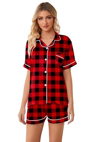 Image of Schbbbta Pajamas for Women, Satin Silky Pjs 2 Pcs Set Button-Up Short Sleeve with Chest Pocket Christmas Sleepwear Soft Loungewear, Red Black Plaid, X-Small