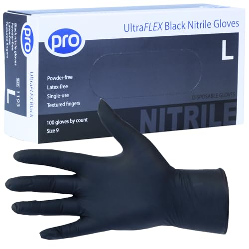 PRO UltraFLEX Black Disposable Gloves - Black Nitrile Gloves Disposable Large - 100x Pack - Powder-Free - Latex Free - Ideal Nail Tech Supplies Tattoo Supplies - Food Safe