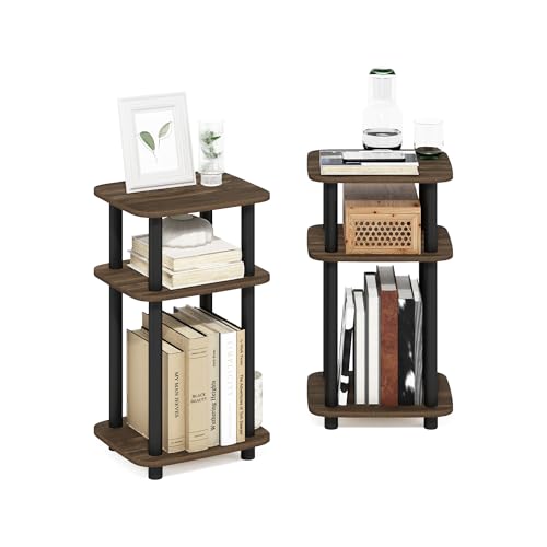 Image of Furinno JUST 3-Tier Telephone Table Set of 2, Turn-N-Tube Toolless Side Table with Open Shelf, Round Curve Corner Night Stand, Bedside Table, for Living Room, Bedroom, Columbia Walnut