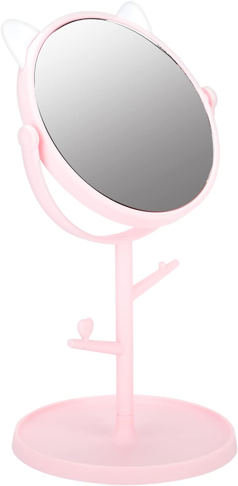 KPNG Adjustable Tabletop Makeup Mirror, Cute Cat Ears Shape Swivel Mirror with Tray for You in Bathroom, Bedroom Makeup, Tabletop, Desk, Suit for Bedroom (Pink cat Ears, Pack of 1).