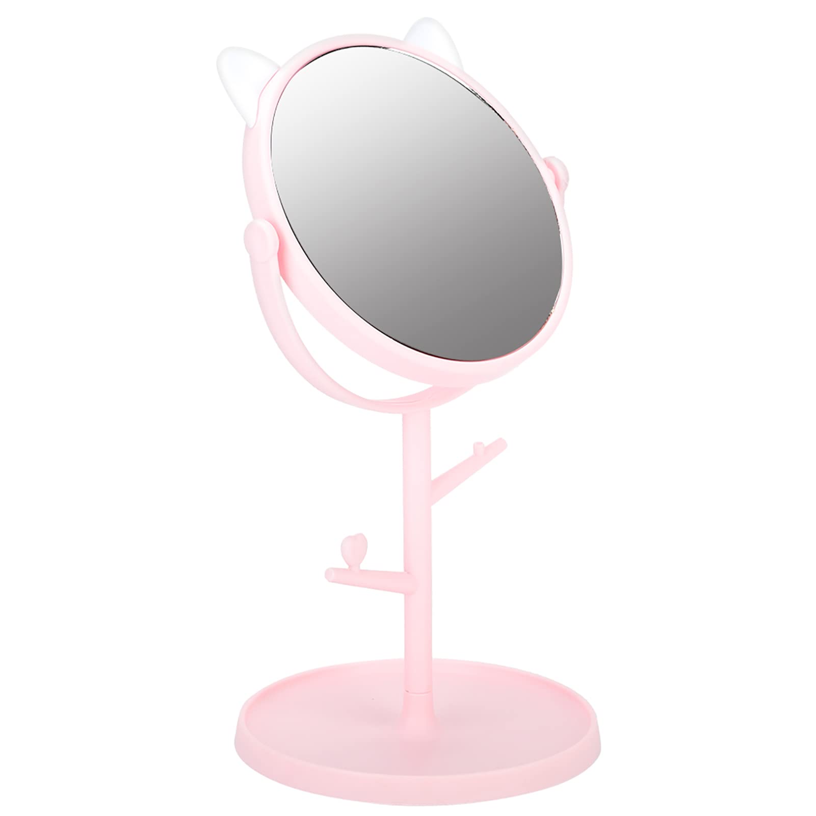 KPNG Adjustable Tabletop Makeup Mirror, Cute Cat Ears Shape Swivel Mirror with Tray for You in Bathroom, Bedroom Makeup, Tabletop, Desk, Suit for Bedroom (Pink cat Ears, Pack of 1).