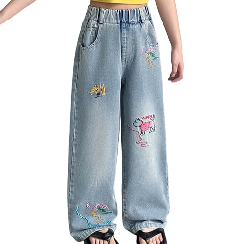 Girls Jeans Cargo Pants Baggy Embroidered Wide Leg High Elastic Waist Kids Straight Denim Pant with Pockets 5-14 Y