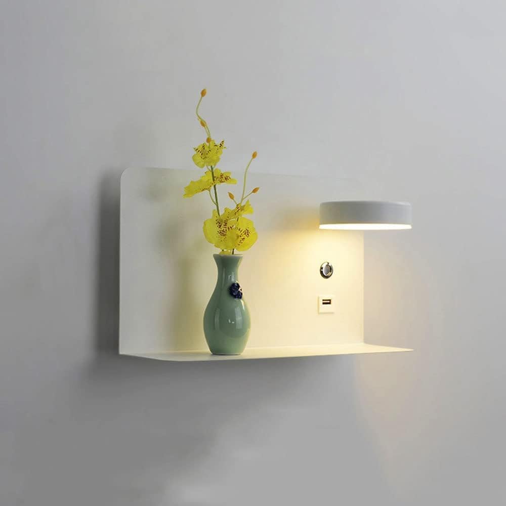Luz De Pared Led De Cabecera con Puerto USB Y Interruptor Luces De Lectura Giratorias Modernas De 7w Lámpara De Pared De Aluminio Blanco con Estante para Dormitorio, Sala De Estar, Sala De, A