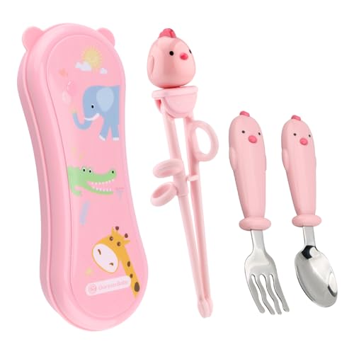 Image of Goryeo Baby Toddler Utensils Stainless Steel Kids Silverware Set with Kids Training Chopsticks and Baby Spoon and Fork for Self Feeding Learning with Case (3PCS)(Pink)
