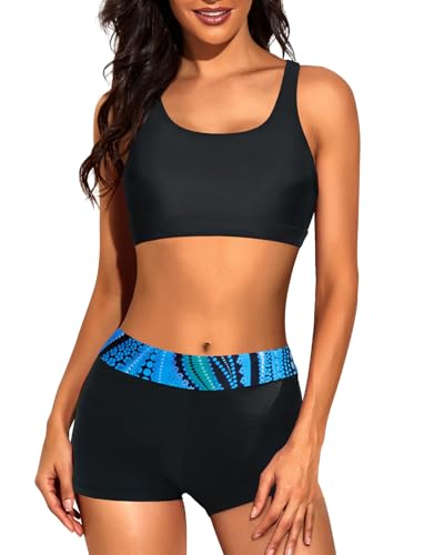 Image of 3 Piece Tankini Long Sleeve Swimsuits Athletic Rash Guard Bathing Suits | Modest,Full Coverage,High Waisted Short,Quick Dry,Criss Cross Back