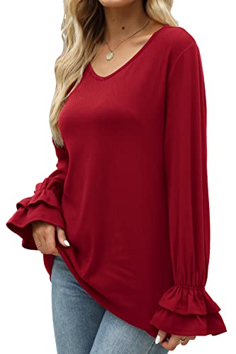 Womens Long Sleeve Tops Dressy Casual V Neck Balloon Sleeve Tops Wine Red M #TOP2
