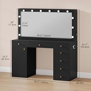 YITAHOME 56'' Makeup Vanity with Mirror and Lights, Large Vanity Desk Mirror with 12 LED Hollywood Lights, 7 Drawers, Cabinet, Power Outlet, 3 Light Modes, Dressing Table for Bedroom, Dark Black YITAHOME 56 Makeup Vanity with Mirror and Lights Large Vanity Desk Mirror with 12 LED Hollywood Lights 7 Drawers Cabinet Power Outlet 3 Light Modes Dressing Table for Bedroom Dark Black