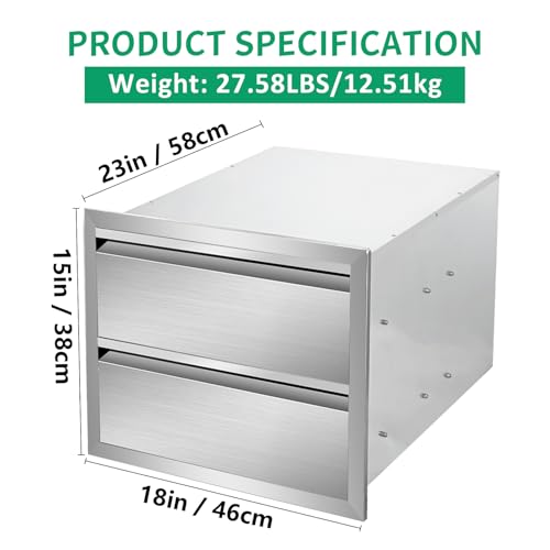 Image of Outdoor Kitchen Drawers 18 inch W x 15 inch H x 23 inch D Stainless Steel Double Drawers with Hidden Handle for BBQ Island, Patio Grill Station & Outdoor Kitchen Cabinets