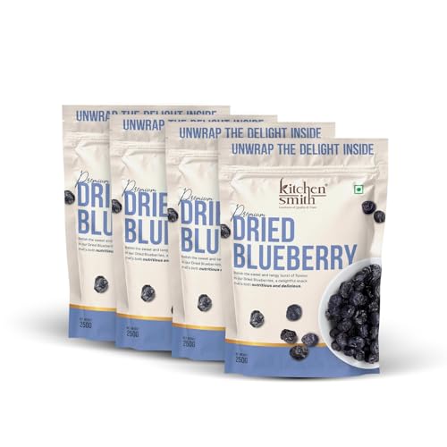 KitchenSmith Dried Blueberry Seedless - Pack of 4 (250gm Each) | USA Origin - Dried Blueberries | Rich In Calcium, Vitamin K & Boost Immunity