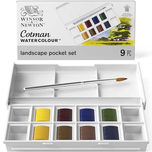 Winsor & Newton Acuarela Cotman - Set temático de bolsillo - Paisaje, 8 medio godets + 1 pincel de viaje, colores surtidos