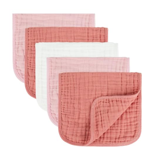 Image of MIGIOL Baby Burp Cloths 100% Cotton Newborn Muslin Burp Cloths 10x20 inches Baby Essentials Pink&White 5-Pack