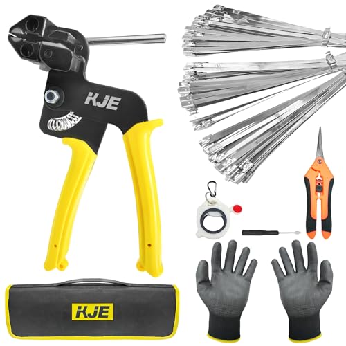 KJE Stainless Steel Cable Tie Gun, Zip Tie Tool Kit with 160PCS Metal Zip Ties for Fastening and Cutting Metal Cable Ties, Ideal for Chain Link Fence, Outdoor Fencing, Dog Fence, Chicken Wire