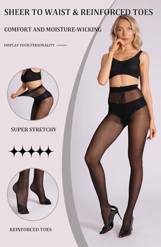 MERYLURE 20D Sheer Black Tights for Women, T-Crotch Ultra Thin Pantyhose High Waist Stockings Reinforced Toes 2 Pairs4