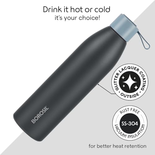 Image of Borosil Hydra 750ml Duomate Black Stainless Steel Bottle | 24 Hours Hot and Cold Double Wall Vacuum Insulated with Copper Coating | 1 Year Warranty