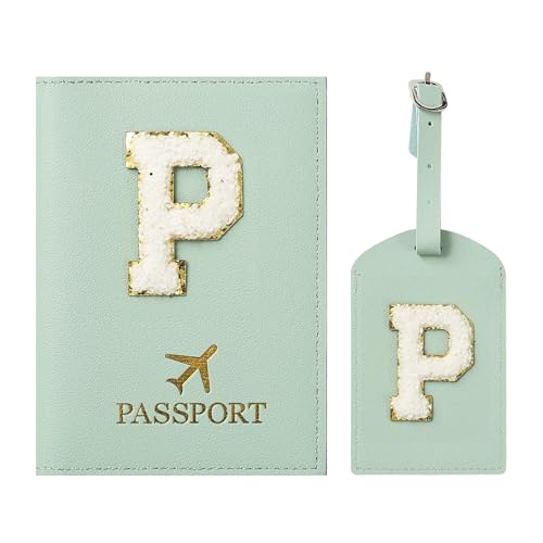 ZVRSUA Funda para Pasaporte y Identificador de Maletas, Pasaporte Verde Iniciales, Piel Sintética Suave, Accesorios Viaje Personalizados，Adecuado para Mujeres, Adolescentes,Niñas,Masculino (Verde P)