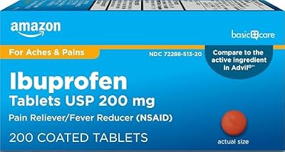 Amazon Basic Care Ibuprofen Tablets, Fever Reducer and Pain Relief from Body Aches, Headache, Arthritis Pain and More, Brown 200 Count