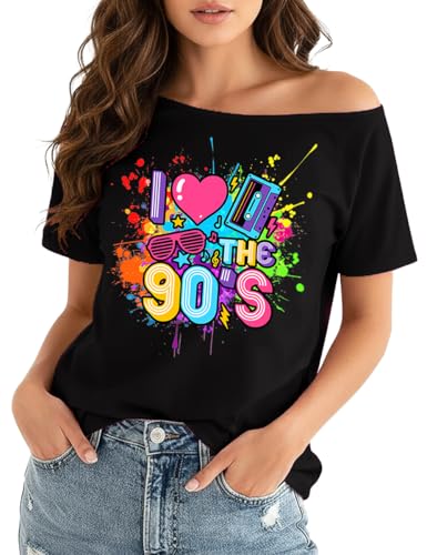 90s Outfit for Women 90's Sexy Off The Shoulder Shirt I Love The 90S Tshirts for Girls Vintage 90s Off Shoulder Tops Black-b
