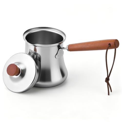 Cafetera turca de acero inoxidable de 550 ml, jarra de leche y mini olla con mango madera 2