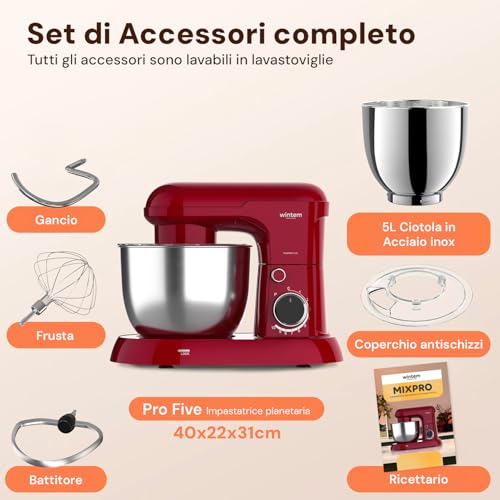 Avilia - Planetaria Silenziosa Multifunzione 1500W con Ricettario e Accessori Inclusi, Ideale per Impasti Dolci e Salati, Mixer con 10 Velocità e Funzione Pulse, Ciotola Acciaio 5L (Rosso) - immagine 6