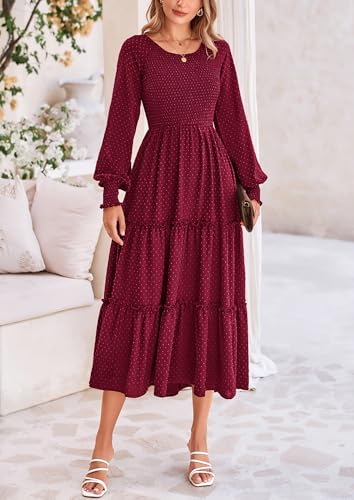 PRETTYGARDEN Women's Smocked Maxi Dress 2025 Fall Casual Long Sleeve Swiss Dot Ruffle Long Flowy Wedding Guest Dresses4