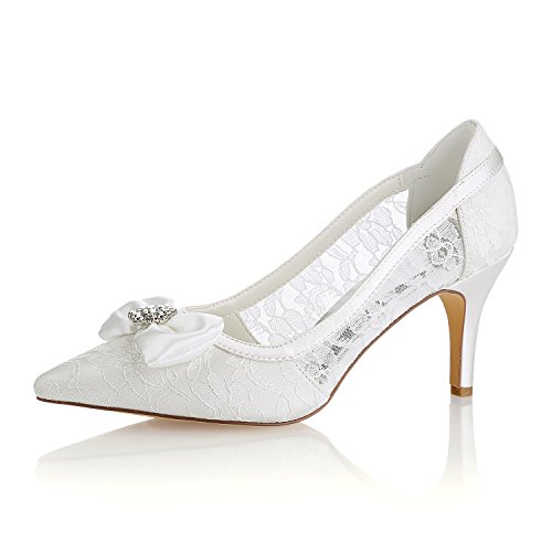 Emily Bridal Lace Wedding Shoes Ivory Pointed Toe Bow Rhinestones Slip on Bridal Shoes