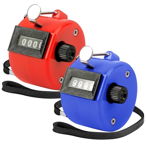 KTRIO Lot de 2 compteurs manuels à 4 chiffres - Clicker ABS avec cordon tour de cou - Pour compteur de personnes, coaching, tricot, golf et compteur de rangs (bleu et rouge)